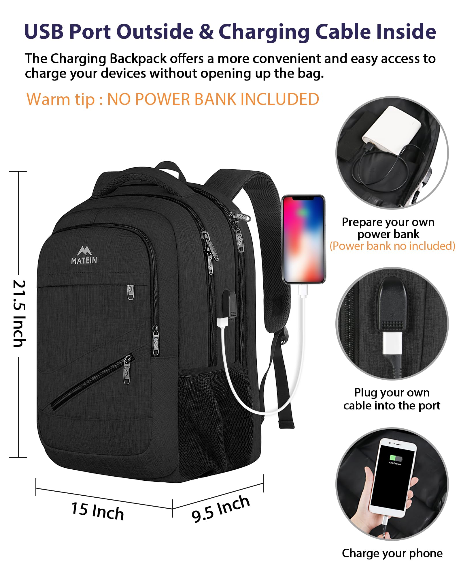 Foto 5 pulgar | Mochila Matein Extra Grande Para Viajes De Negocios De 18 Pulgadas, Negra - Venta Internacional.
