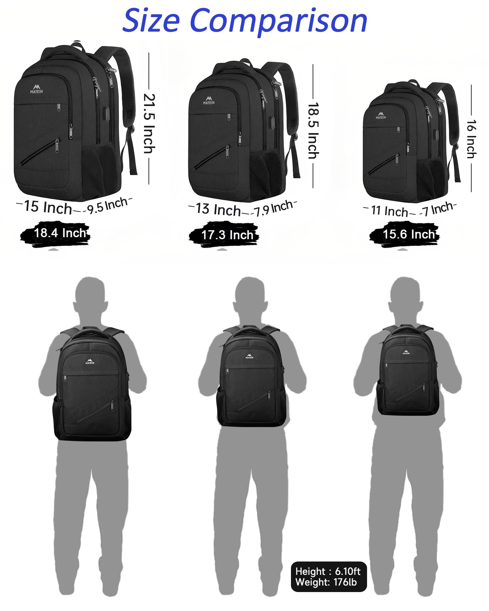 Foto 6 pulgar | Mochila Matein Extra Grande Para Viajes De Negocios De 18 Pulgadas, Negra - Venta Internacional.