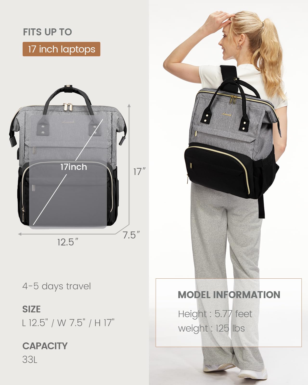 Foto 5 | Mochila Para Portátil Lovevook Fashion Business De 17 Pulgadas, Gris Y Negro - Venta Internacional.
