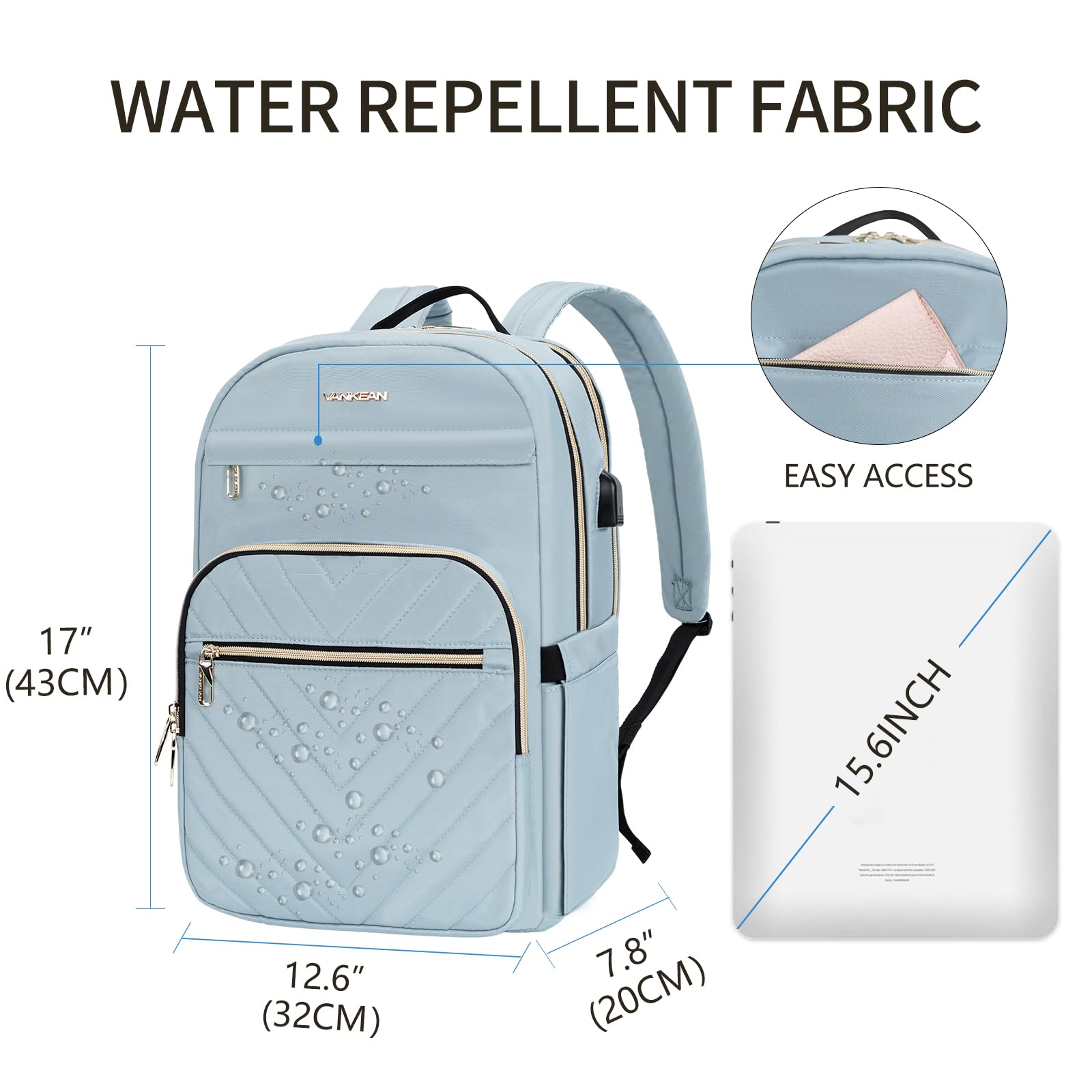 Foto 3 pulgar | Mochila Para Portátil Vankean 15.6'' Impermeable Para Mujer, Color Azul Claro - Venta Internacional.