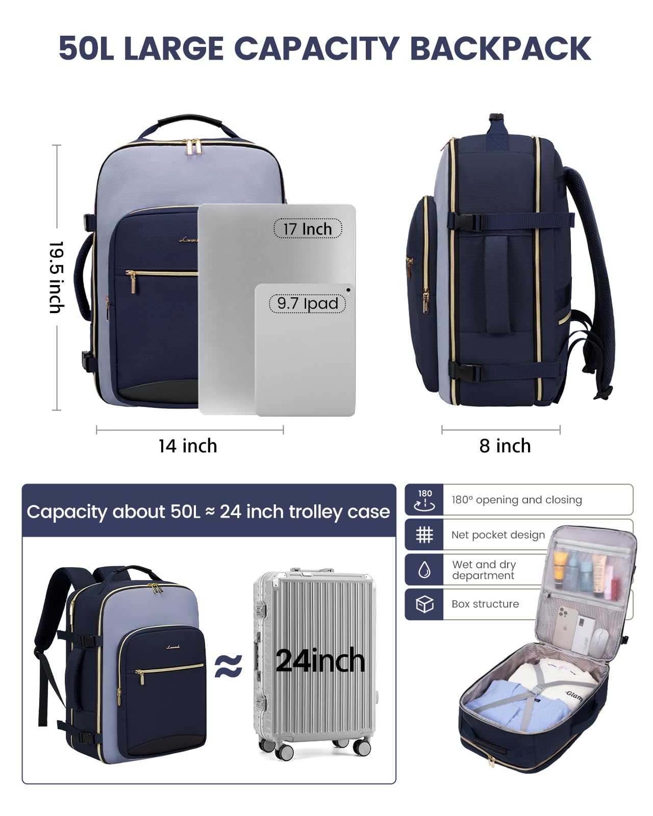 Foto 4 pulgar | Mochila De Mano Lovevook De 50 Litros Para Mujeres Y Hombres Con 3 Cubos - Venta Internacional.