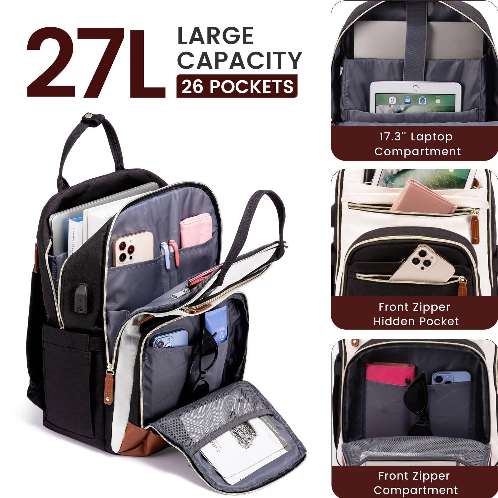 Foto 3 | Mochila Para Portátil Lovevook Para Mujer, 17 Pulgadas, Antirrobo, Color Beige - Venta Internacional.