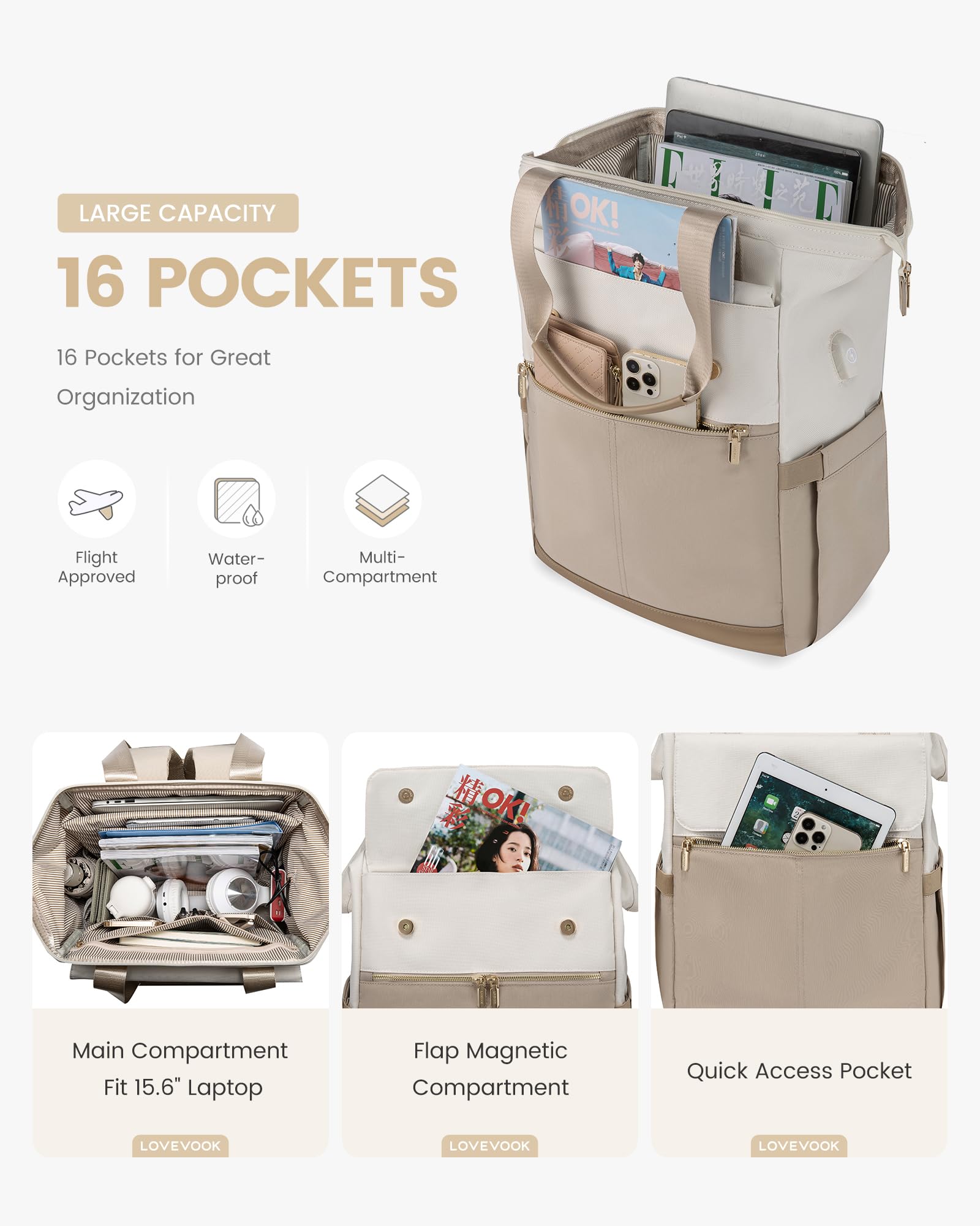 Foto 3 pulgar | Mochila Para Portátil Lovevook Para Mujer De 15,6 Pulgadas Con Puerto Usb, Color Beige - Venta Internacional.