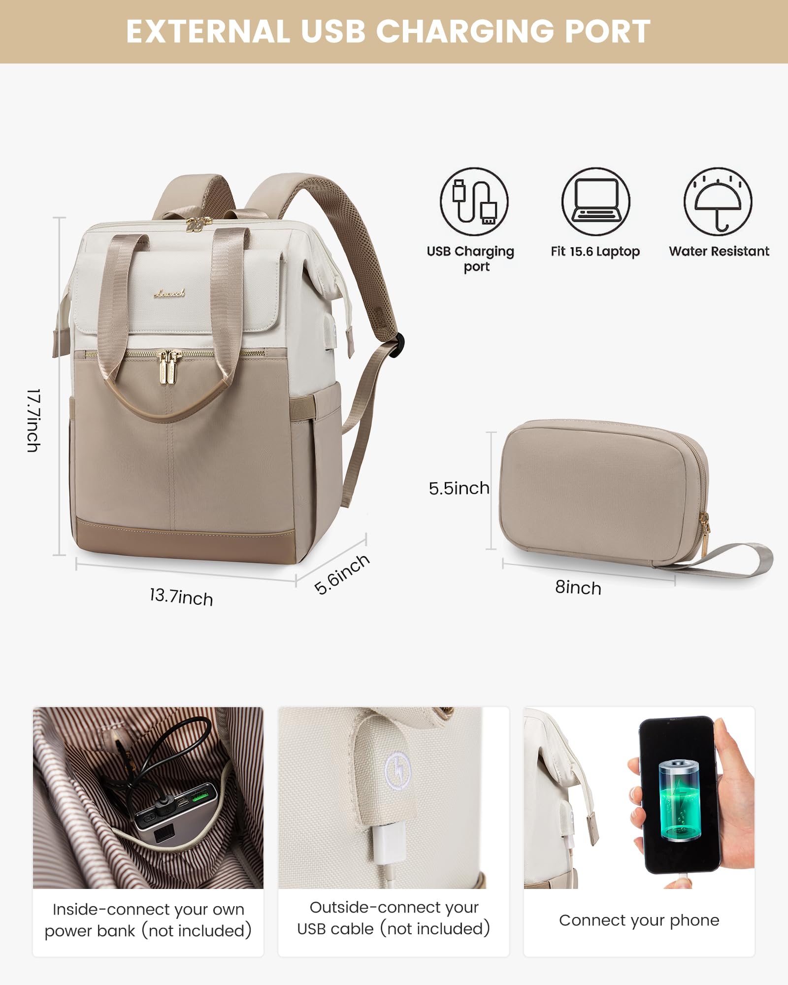 Foto 5 pulgar | Mochila Para Portátil Lovevook Para Mujer De 15,6 Pulgadas Con Puerto Usb, Color Beige - Venta Internacional.
