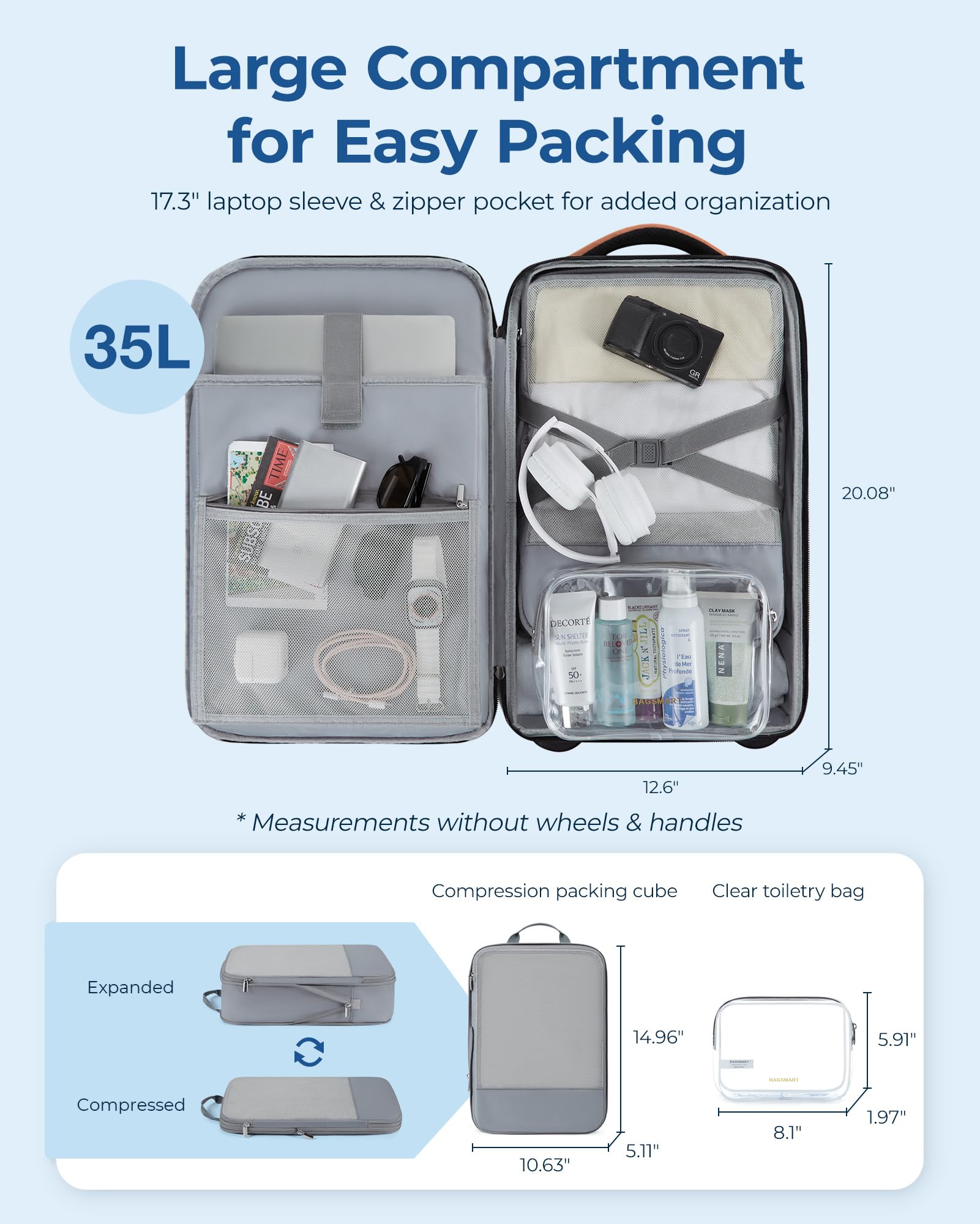 Foto 4 pulgar | Mochila De Viaje Con Ruedas Bagsmart De 17 Pulgadas Con Cubos De Embalaje Gris - Venta Internacional.
