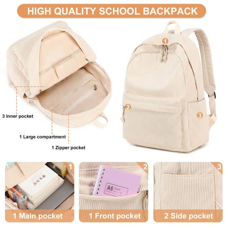 Foto 4 pulgar | Mochila Escolar Btoop De Pana Para Adolescentes Con Portátil De 17 Pulgadas, Color Beige - Venta Internacional.