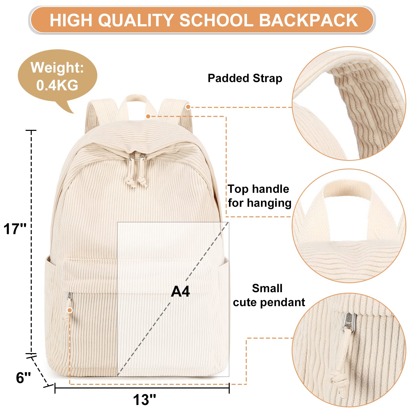 Foto 5 pulgar | Mochila Escolar Btoop De Pana Para Adolescentes Con Portátil De 17 Pulgadas, Color Beige - Venta Internacional.