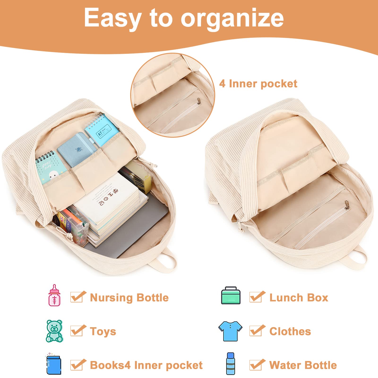 Foto 6 pulgar | Mochila Escolar Btoop De Pana Para Adolescentes Con Portátil De 17 Pulgadas, Color Beige - Venta Internacional.