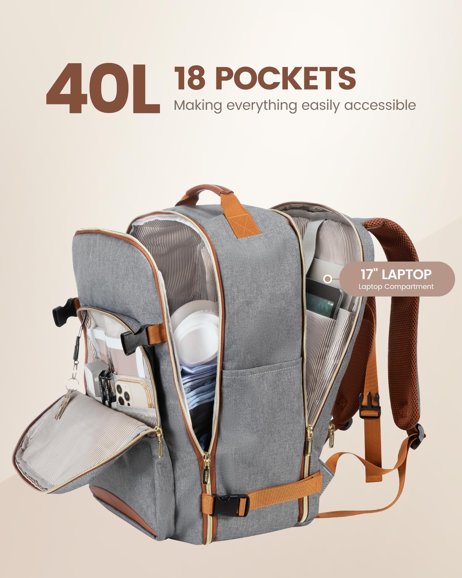 Foto 4 pulgar | Mochila De Viaje Lovevook Carry On De 40 Litros Con Portátil De 17 Pulgadas, Gris - Venta Internacional.