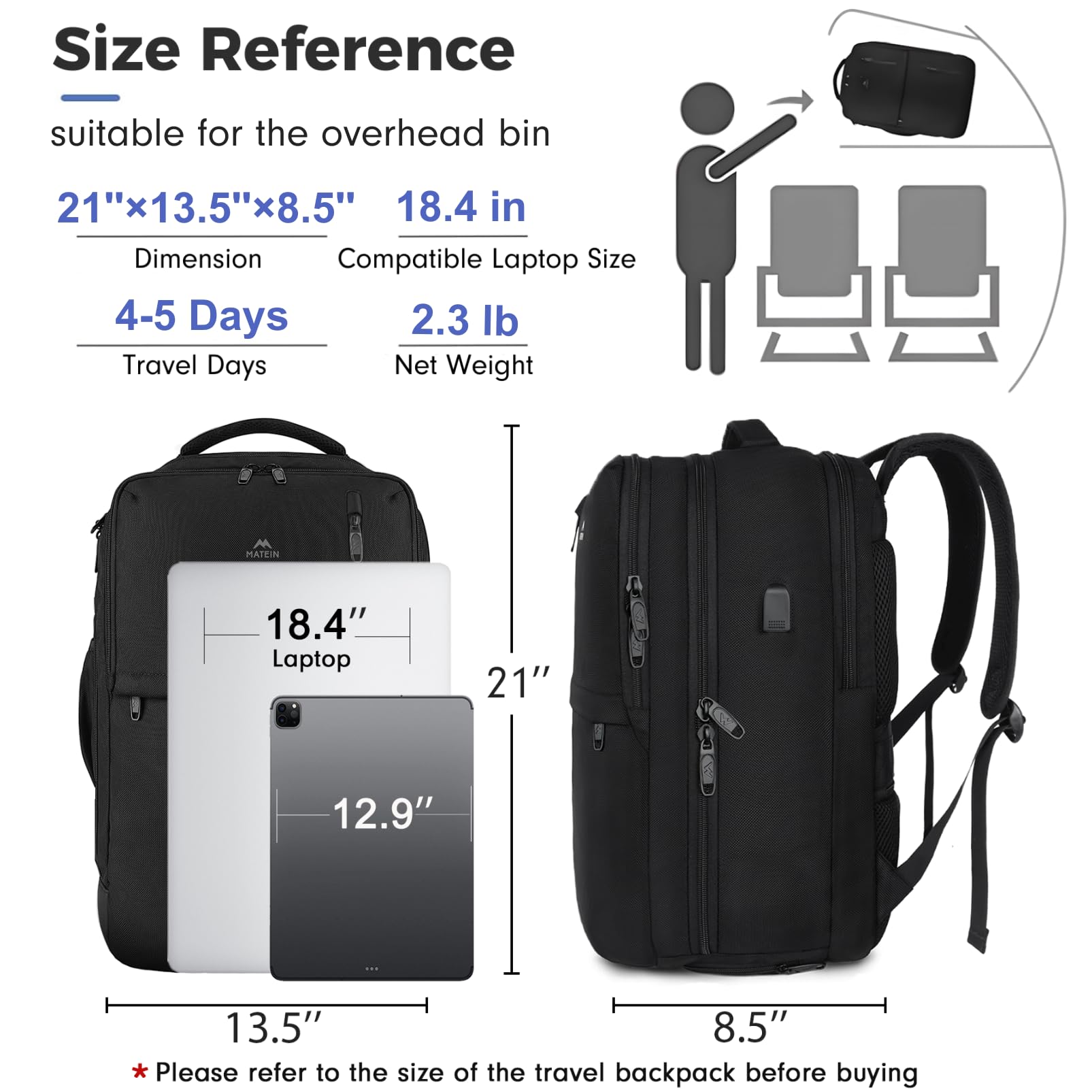 Foto 3 pulgar | Mochila Matein Extra Large Carry On 45 L Con Puerto Usb Negra - Venta Internacional.