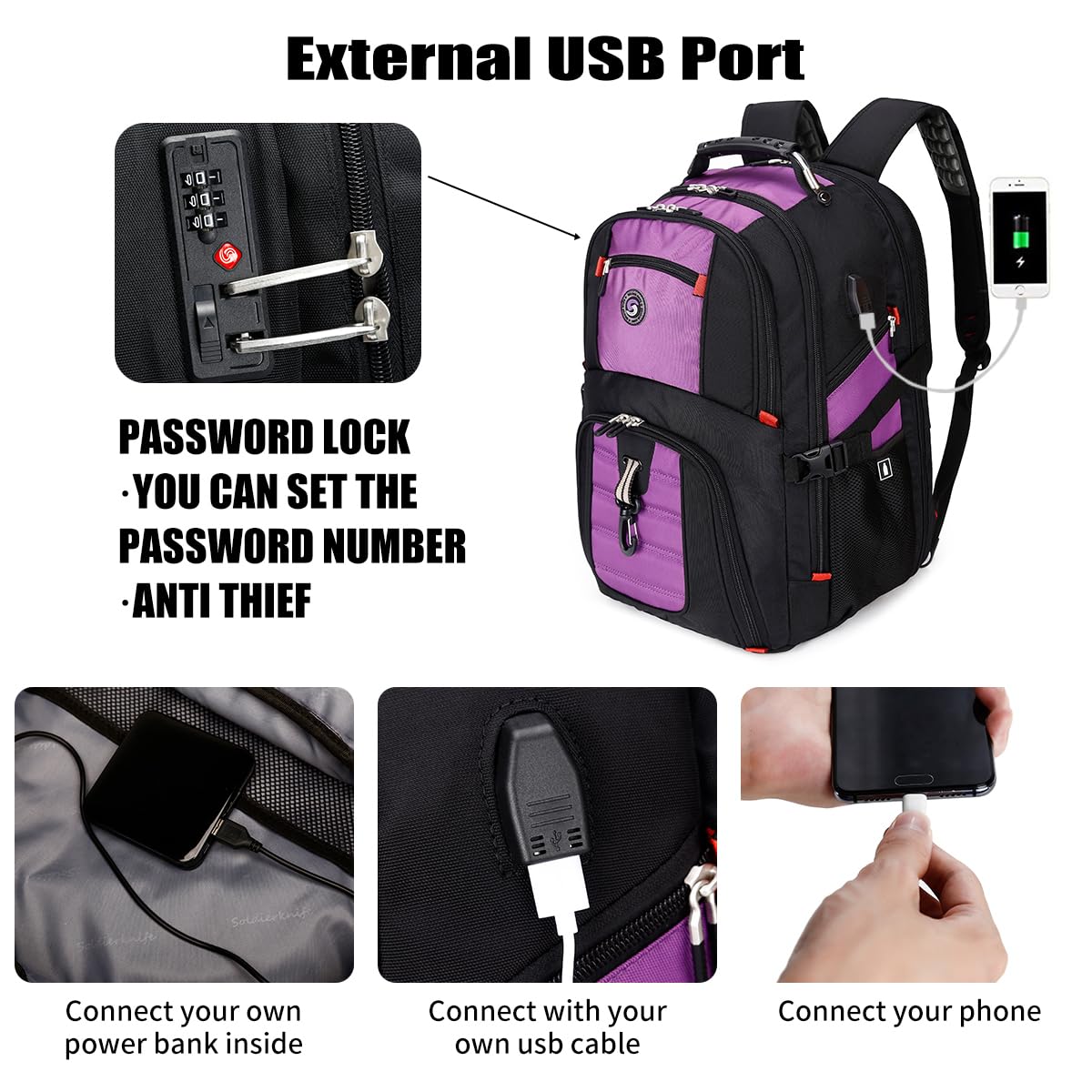 Foto 3 pulgar | Mochila Shrradoo Extra Large Para Portátil De Viaje De 50 L, 17 Pulgadas, Color Morado - Venta Internacional.