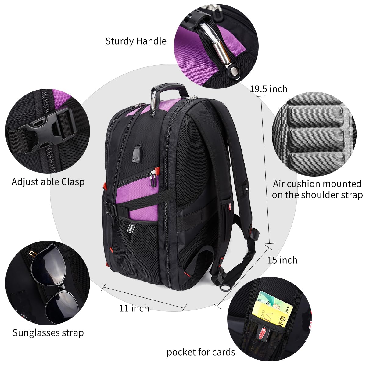 Foto 4 pulgar | Mochila Shrradoo Extra Large Para Portátil De Viaje De 50 L, 17 Pulgadas, Color Morado - Venta Internacional.