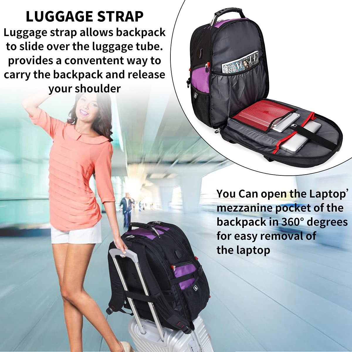 Foto 5 pulgar | Mochila Shrradoo Extra Large Para Portátil De Viaje De 50 L, 17 Pulgadas, Color Morado - Venta Internacional.