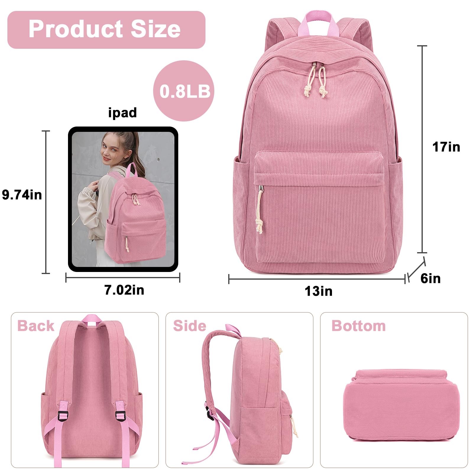 Foto 4 pulgar | Mochila Escolar Btoop De Pana Para Portátil De 17 Pulgadas, Color Rosa - Venta Internacional.
