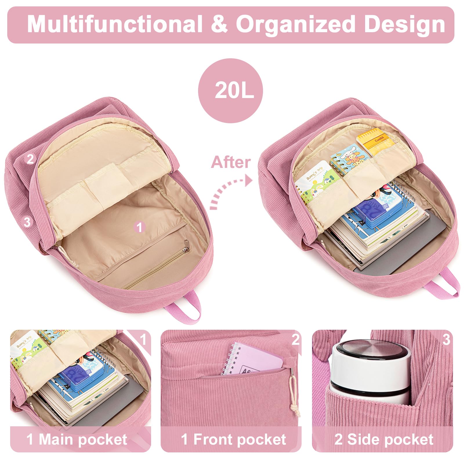 Foto 5 | Mochila Escolar Btoop De Pana Para Portátil De 17 Pulgadas, Color Rosa - Venta Internacional.