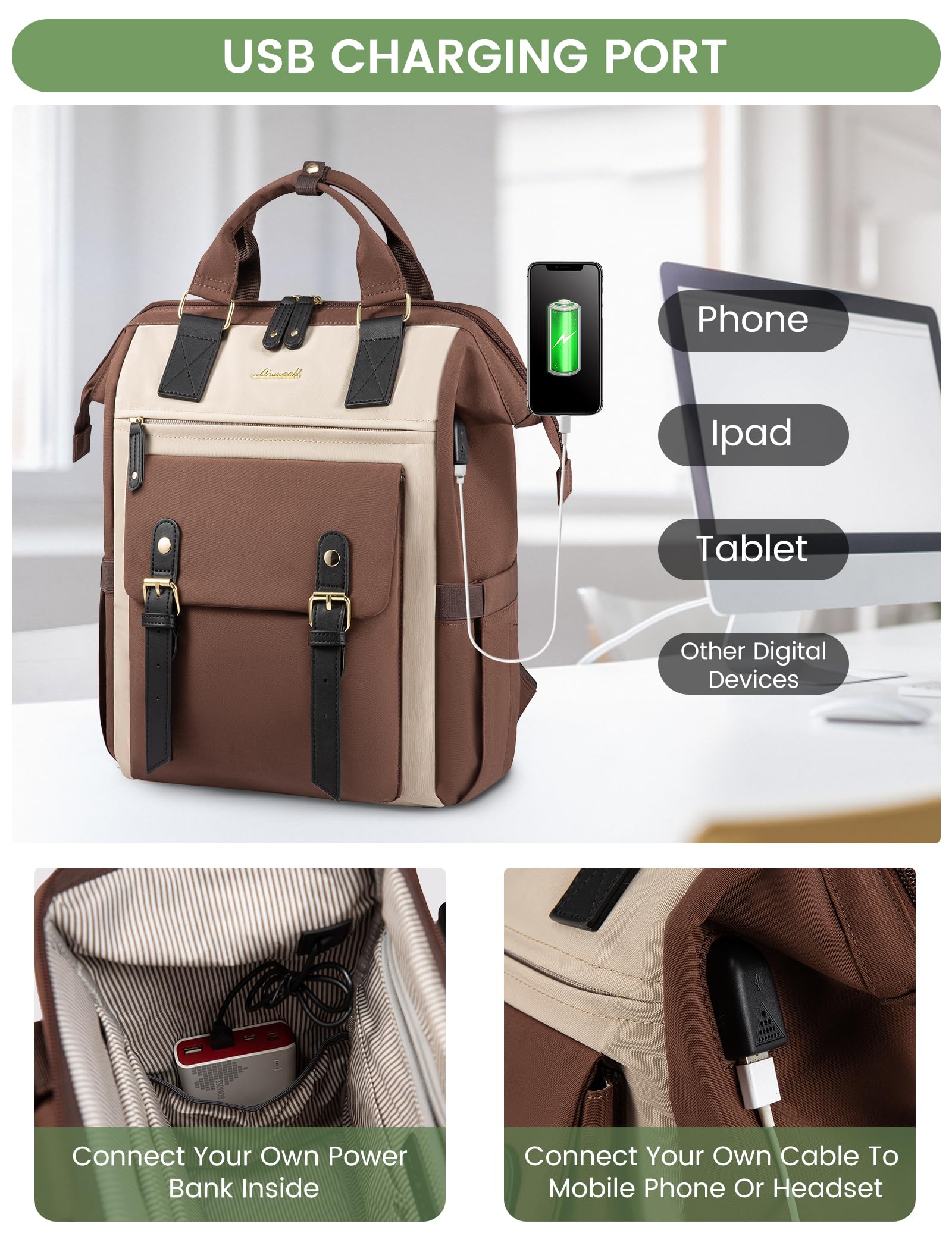 Foto 5 pulgar | Mochila Para Portátil Lovevook Para Mujer, Trabajo Y Viajes De 15.6 Pulgadas, Color Café - Venta Internacional.