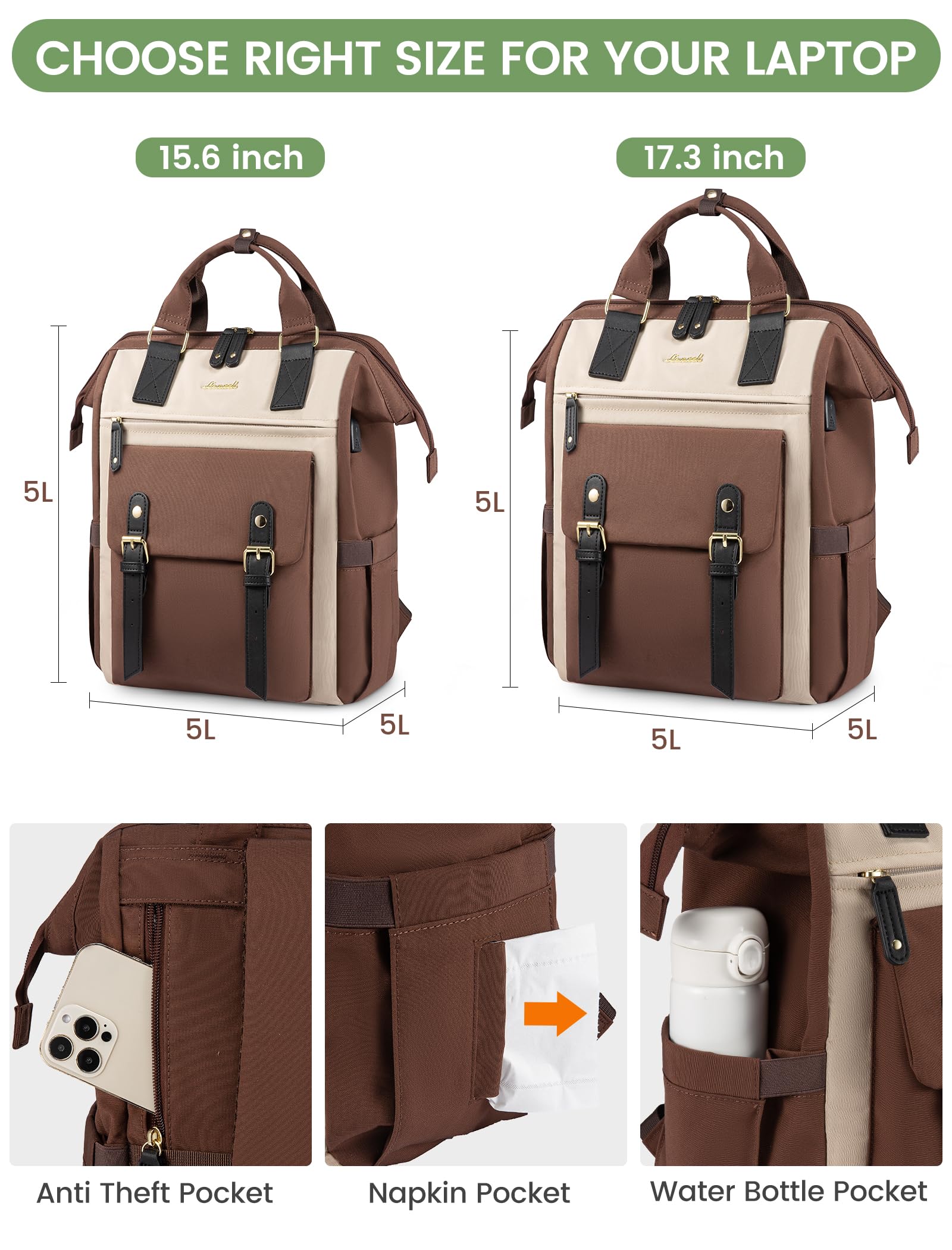 Foto 6 pulgar | Mochila Para Portátil Lovevook Para Mujer, Trabajo Y Viajes De 15.6 Pulgadas, Color Café - Venta Internacional.