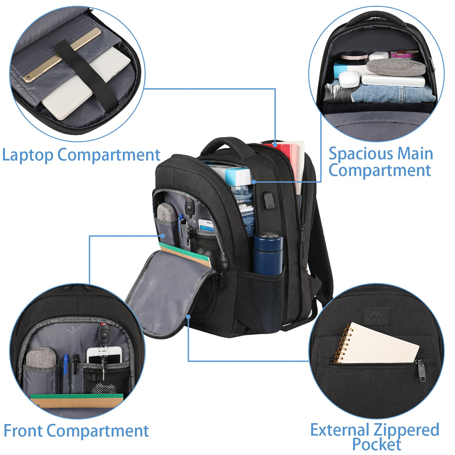Foto 3 pulgar | Mochila Matein Para Portátil Ampliable De Viaje, 15.6 Pulgadas, Usb, Negra - Venta Internacional.