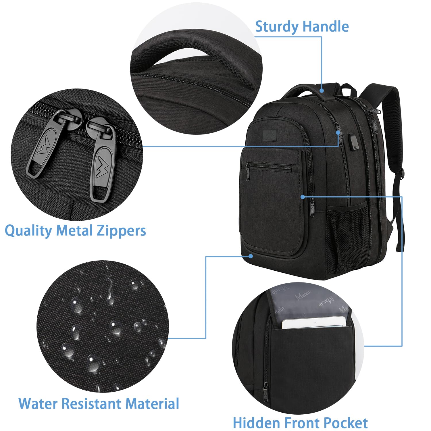 Foto 7 pulgar | Mochila Matein Para Portátil Ampliable De Viaje, 15.6 Pulgadas, Usb, Negra - Venta Internacional.