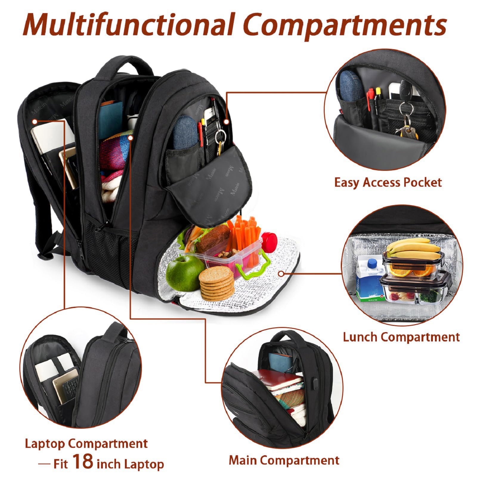 Foto 4 pulgar | Mochila Matein Para Hombre, 45 L, Con Puerto De Carga Usb, Color Negro - Venta Internacional.
