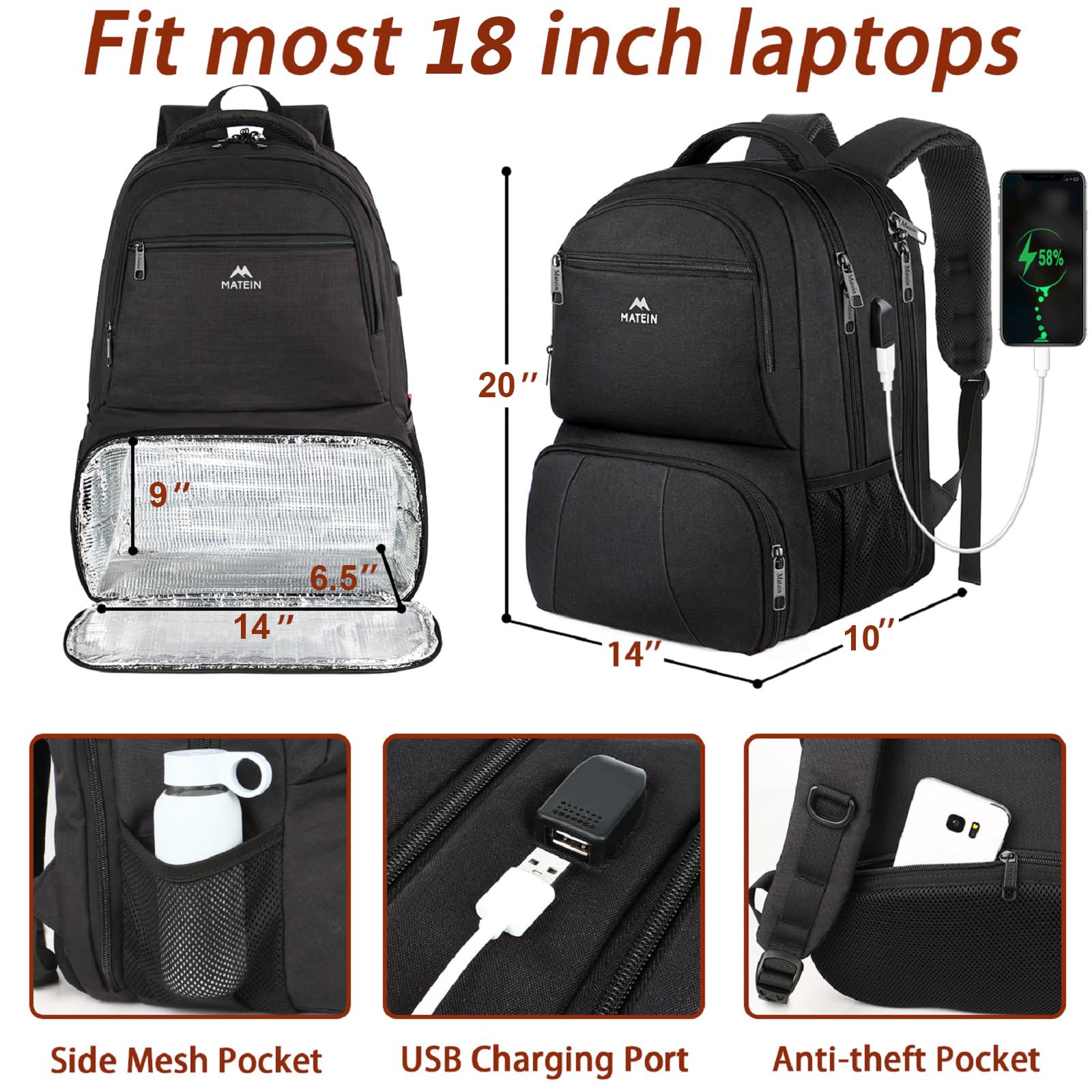 Foto 6 pulgar | Mochila Matein Para Hombre, 45 L, Con Puerto De Carga Usb, Color Negro - Venta Internacional.