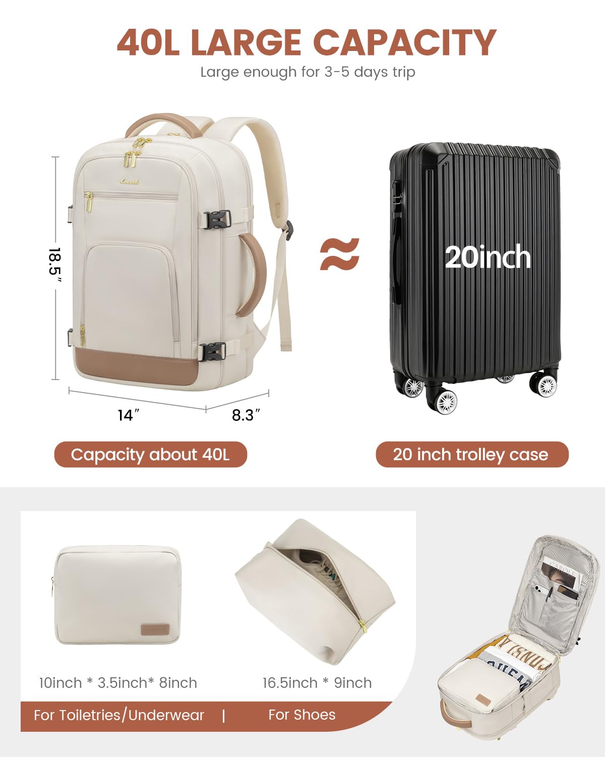 Foto 4 | Mochila De Viaje Lovevook 40l Para Mujer Con Portátil De 17 Pulgadas A Prueba De Agua - Venta Internacional.