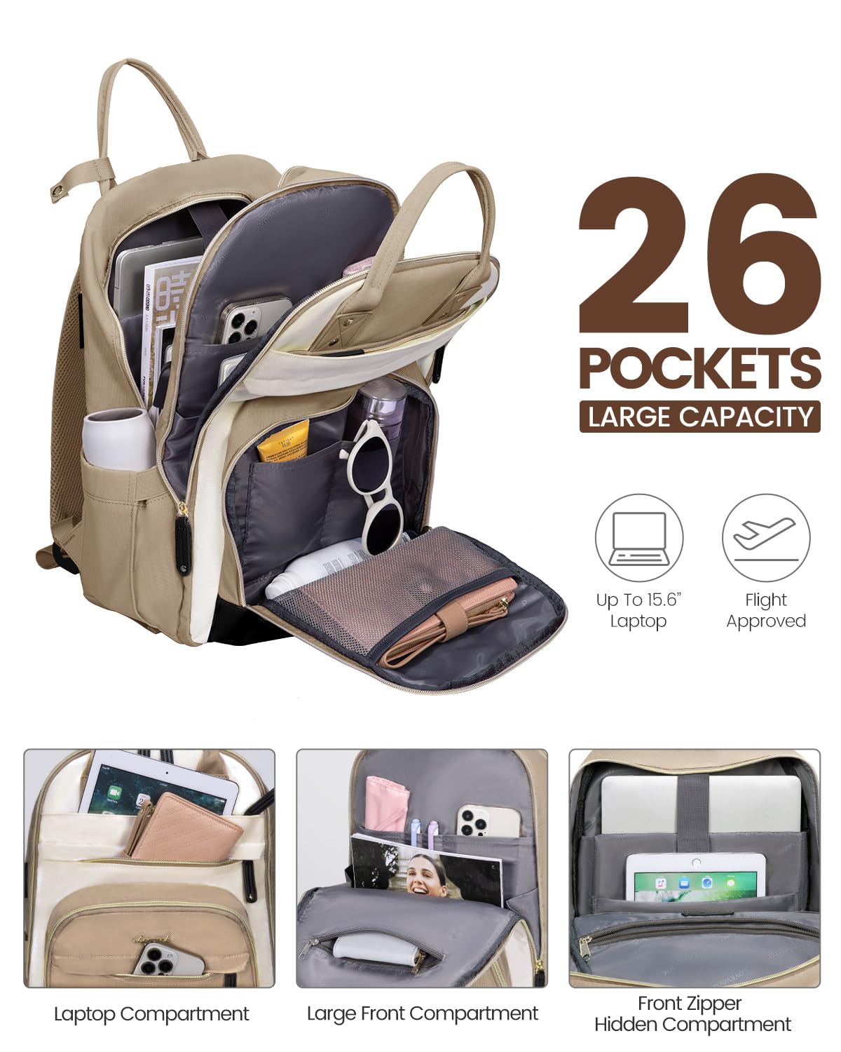 Foto 4 pulgar | Mochila Para Portátil Lovevook Para Mujer De 15.6 Pulgadas, Color Caqui-beige - Venta Internacional.