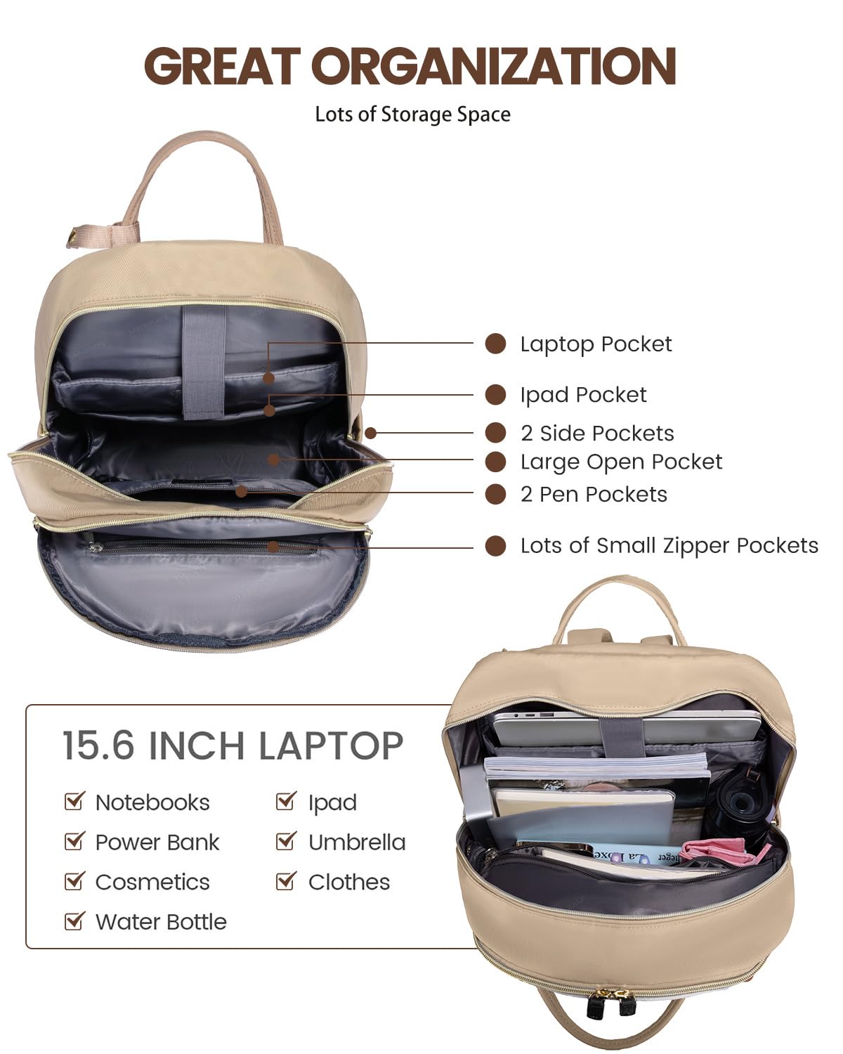 Foto 6 pulgar | Mochila Para Portátil Lovevook Para Mujer De 15.6 Pulgadas, Color Caqui-beige - Venta Internacional.