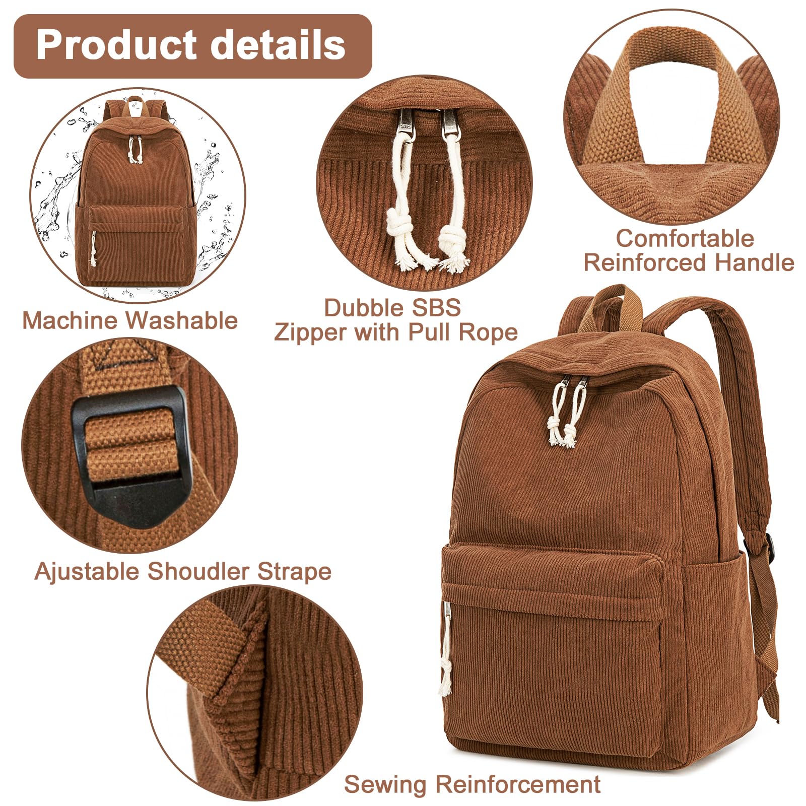 Foto 7 pulgar | Mochila Escolar Btoop De Pana Para Adolescentes, Bolsa Para Portátil De 17 Pulgadas - Venta Internacional.