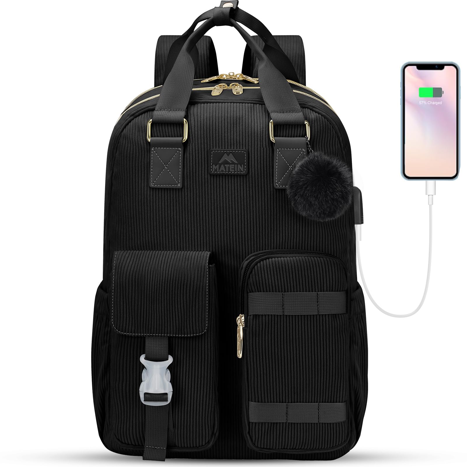 Mochila Matein Cute Corduroy De 15.6 Pulgadas Con Puerto Usb - Negra - Venta Internacional.