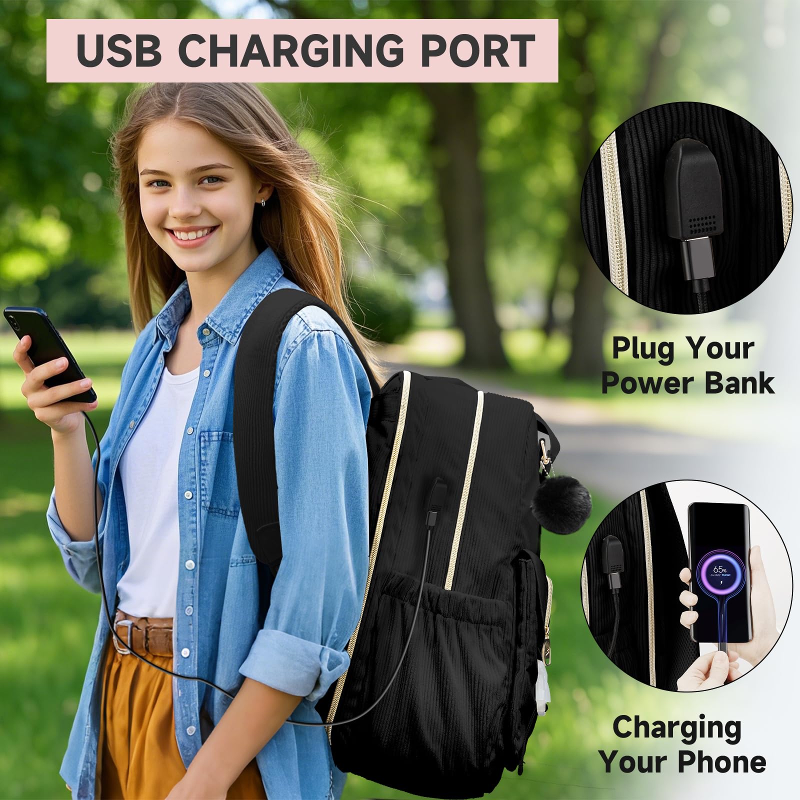 Foto 2 | Mochila Matein Cute Corduroy De 15.6 Pulgadas Con Puerto Usb - Negra - Venta Internacional.