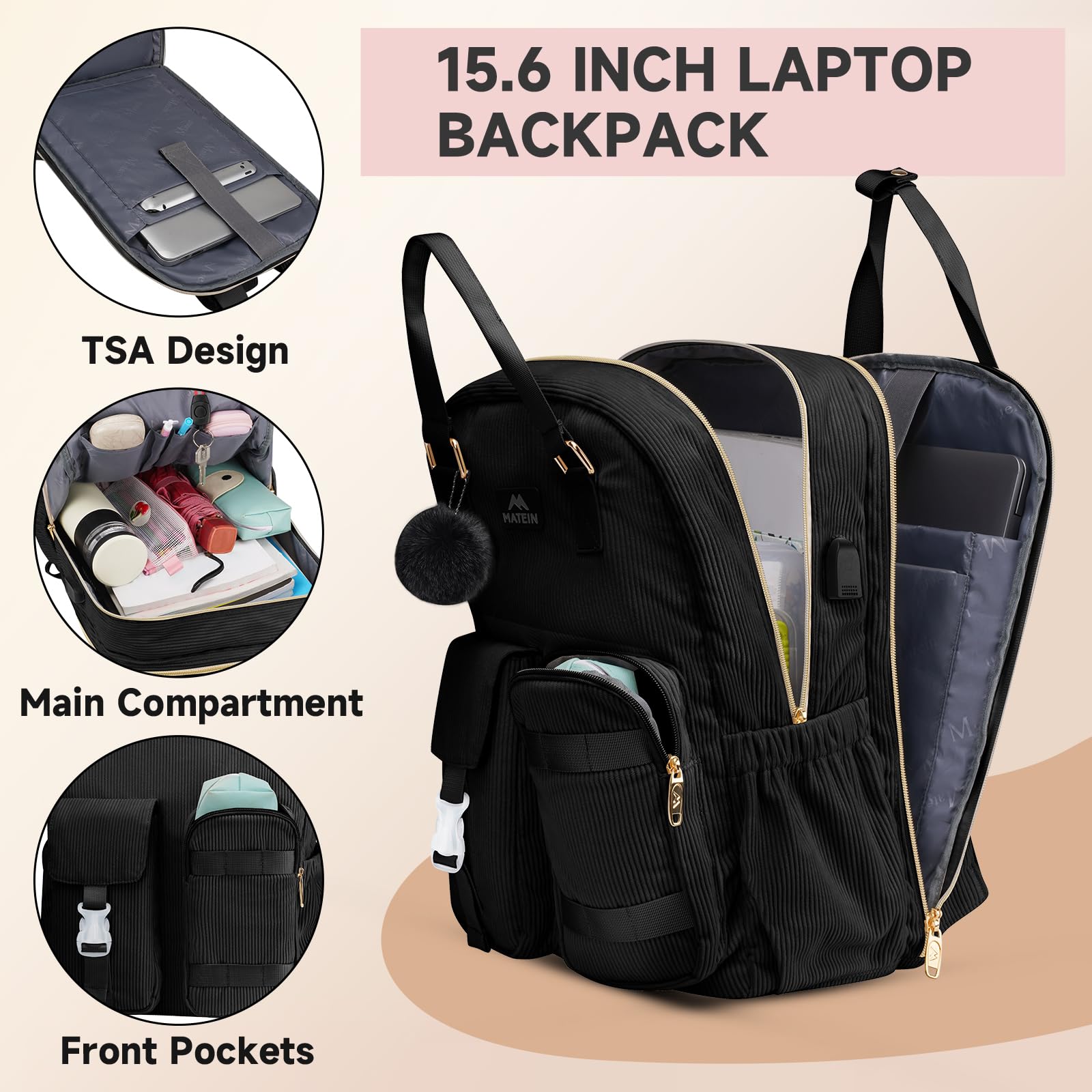 Foto 4 pulgar | Mochila Matein Cute Corduroy De 15.6 Pulgadas Con Puerto Usb - Negra - Venta Internacional.