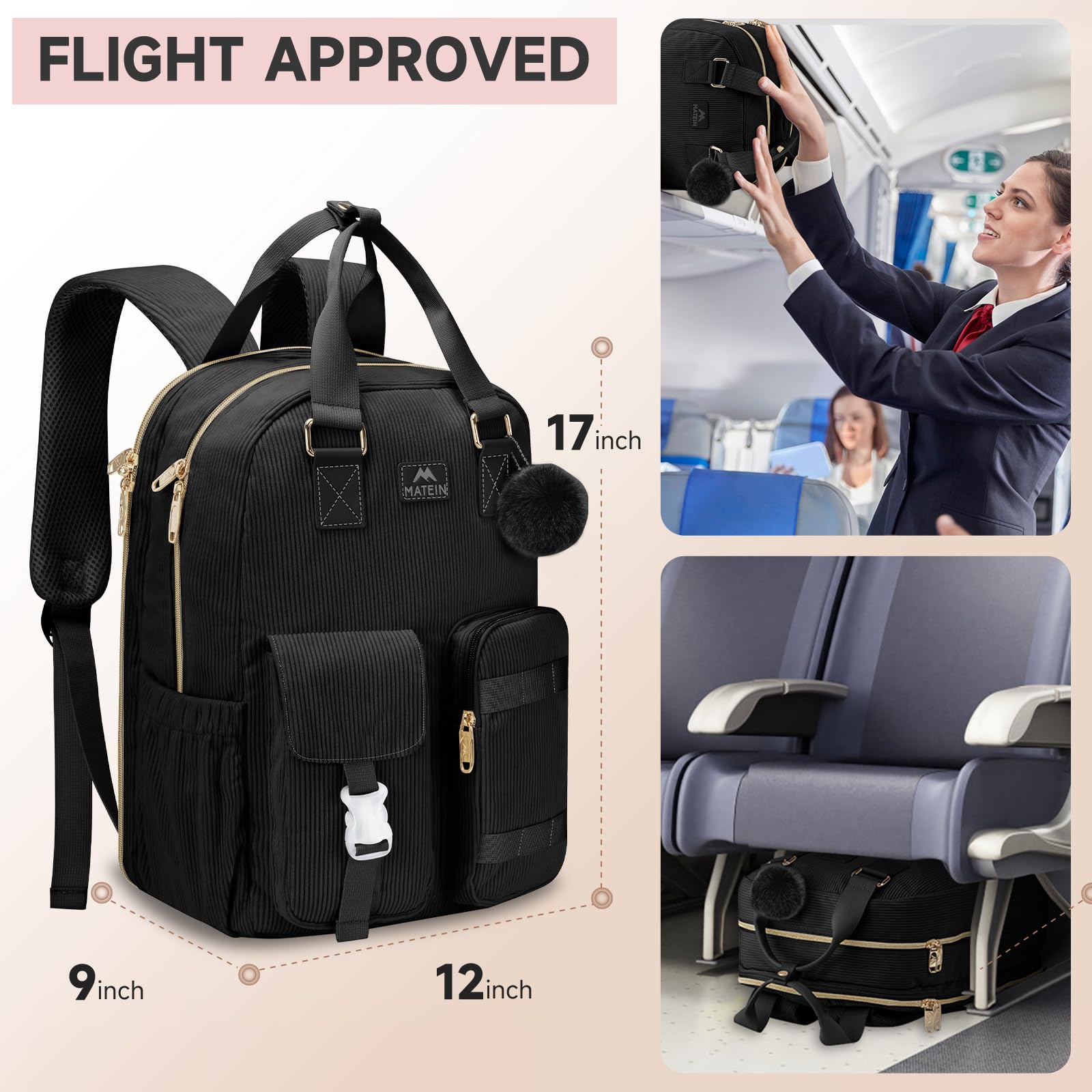 Foto 4 | Mochila Matein Cute Corduroy De 15.6 Pulgadas Con Puerto Usb - Negra - Venta Internacional.