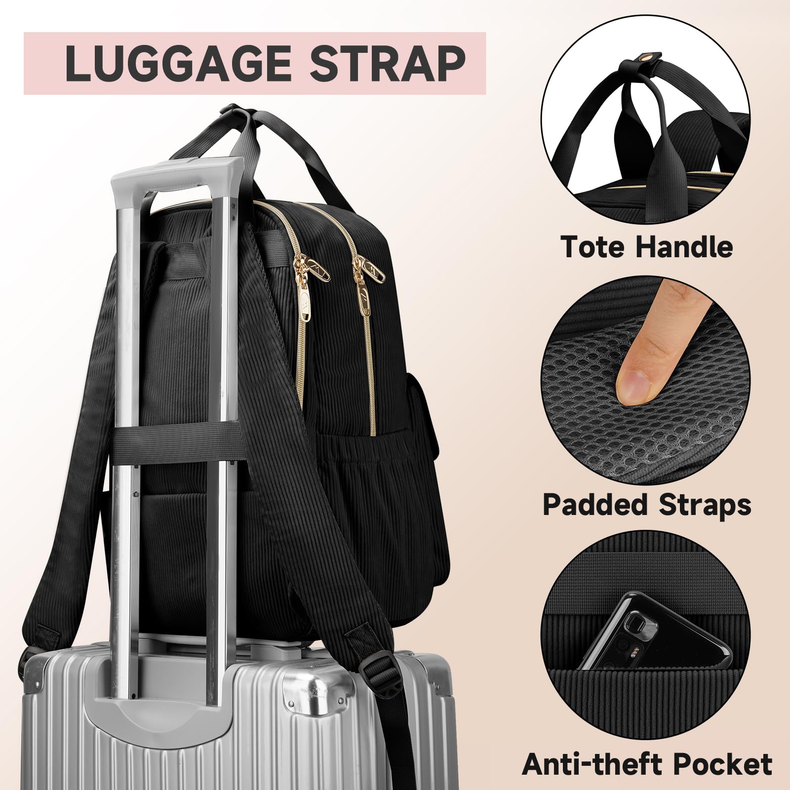 Foto 6 pulgar | Mochila Matein Cute Corduroy De 15.6 Pulgadas Con Puerto Usb - Negra - Venta Internacional.