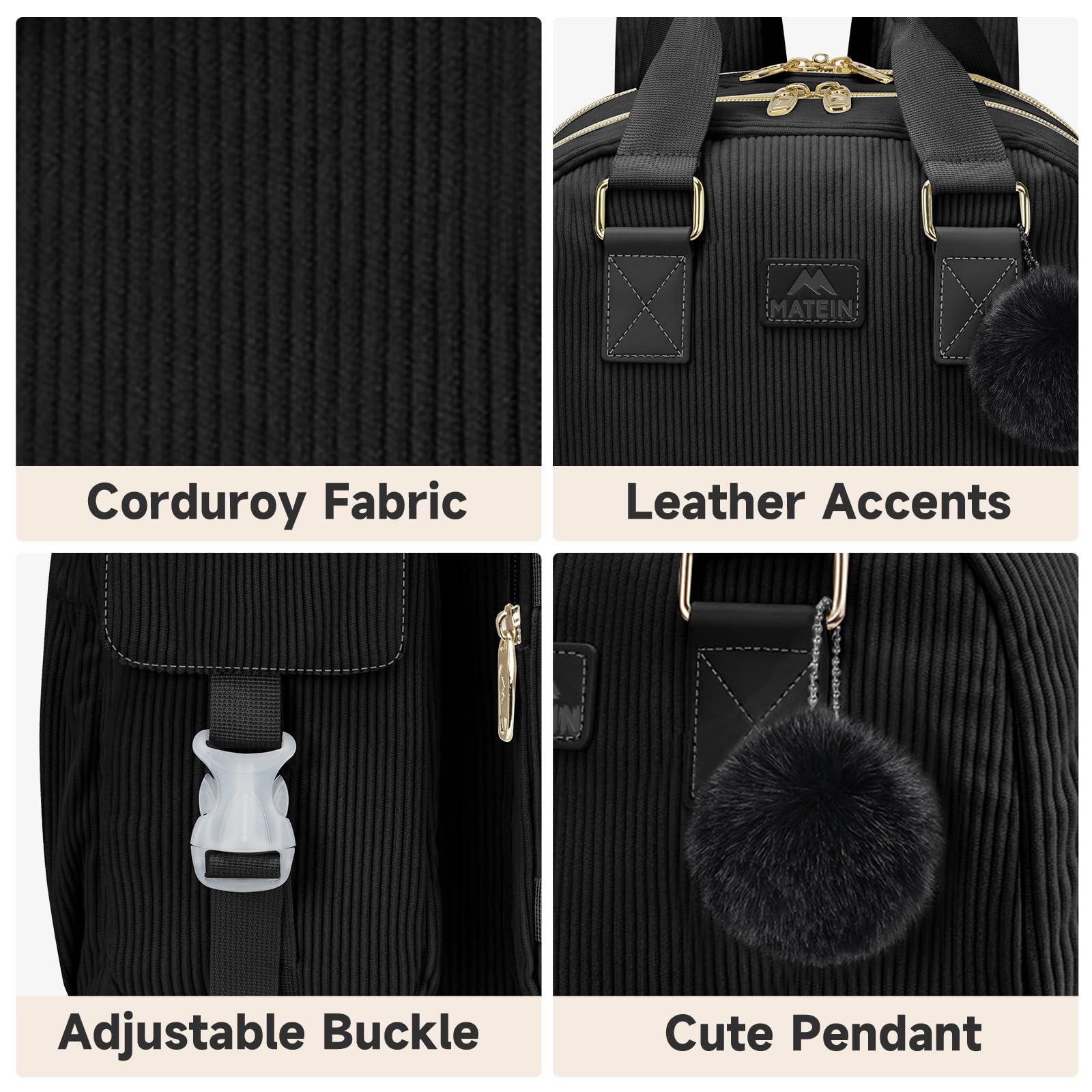 Foto 7 pulgar | Mochila Matein Cute Corduroy De 15.6 Pulgadas Con Puerto Usb - Negra - Venta Internacional.