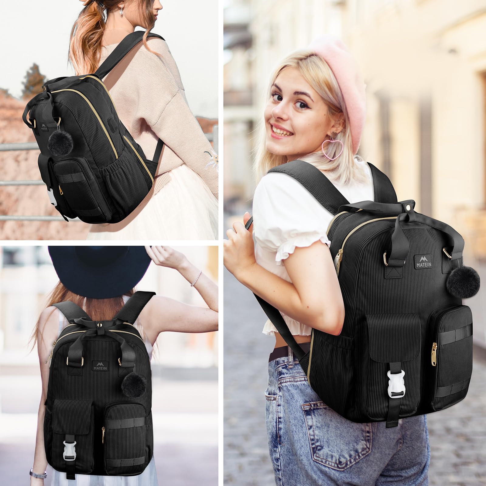 Foto 8 pulgar | Mochila Matein Cute Corduroy De 15.6 Pulgadas Con Puerto Usb - Negra - Venta Internacional.