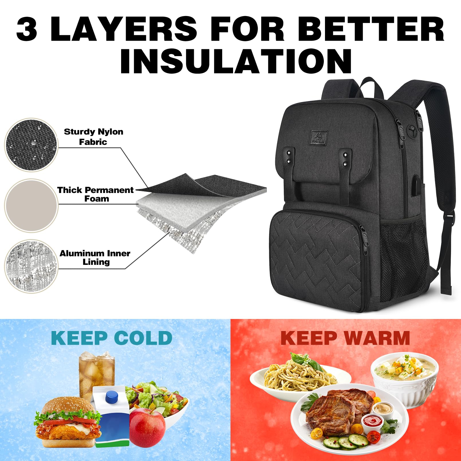 Foto 3 pulgar | Mochila De Almuerzo Matein Con Aislamiento Térmico Usb De 15.6 Pulgadas - Venta Internacional.