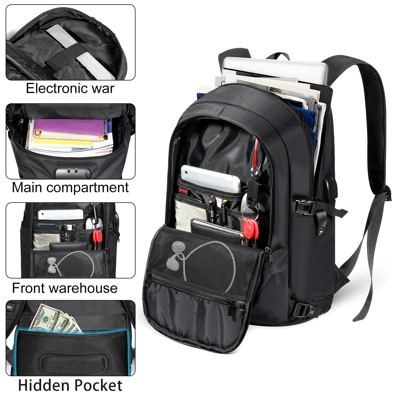 Foto 5 pulgar | Mochila Para Portátil Tzowla 35l Antirrobo Con Puerto De Carga Usb - Venta Internacional.