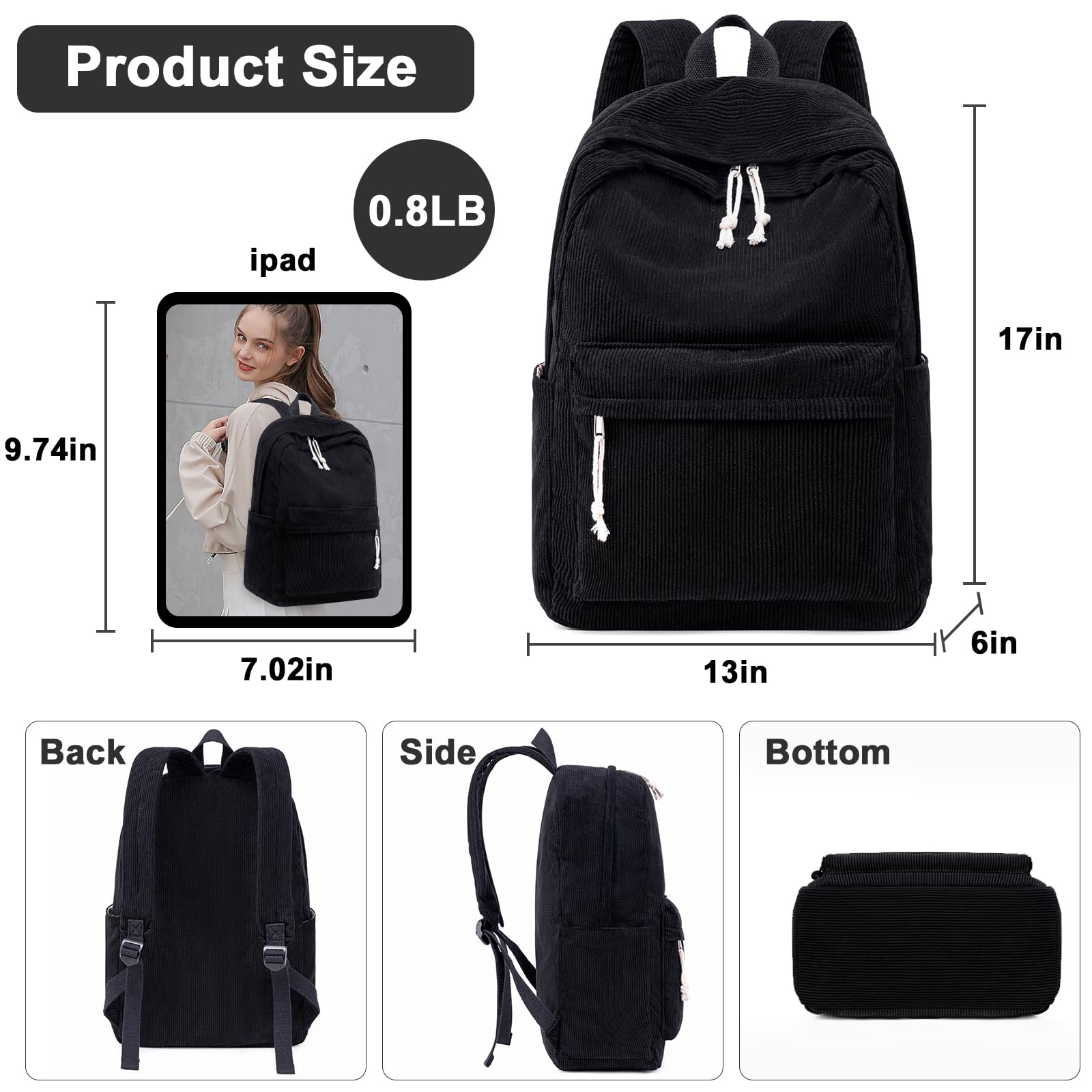 Foto 3 pulgar | Mochila Escolar Btoop De Pana Para Adolescentes Con Bolsa Para Portátil De 17 Pulgadas - Venta Internacional.