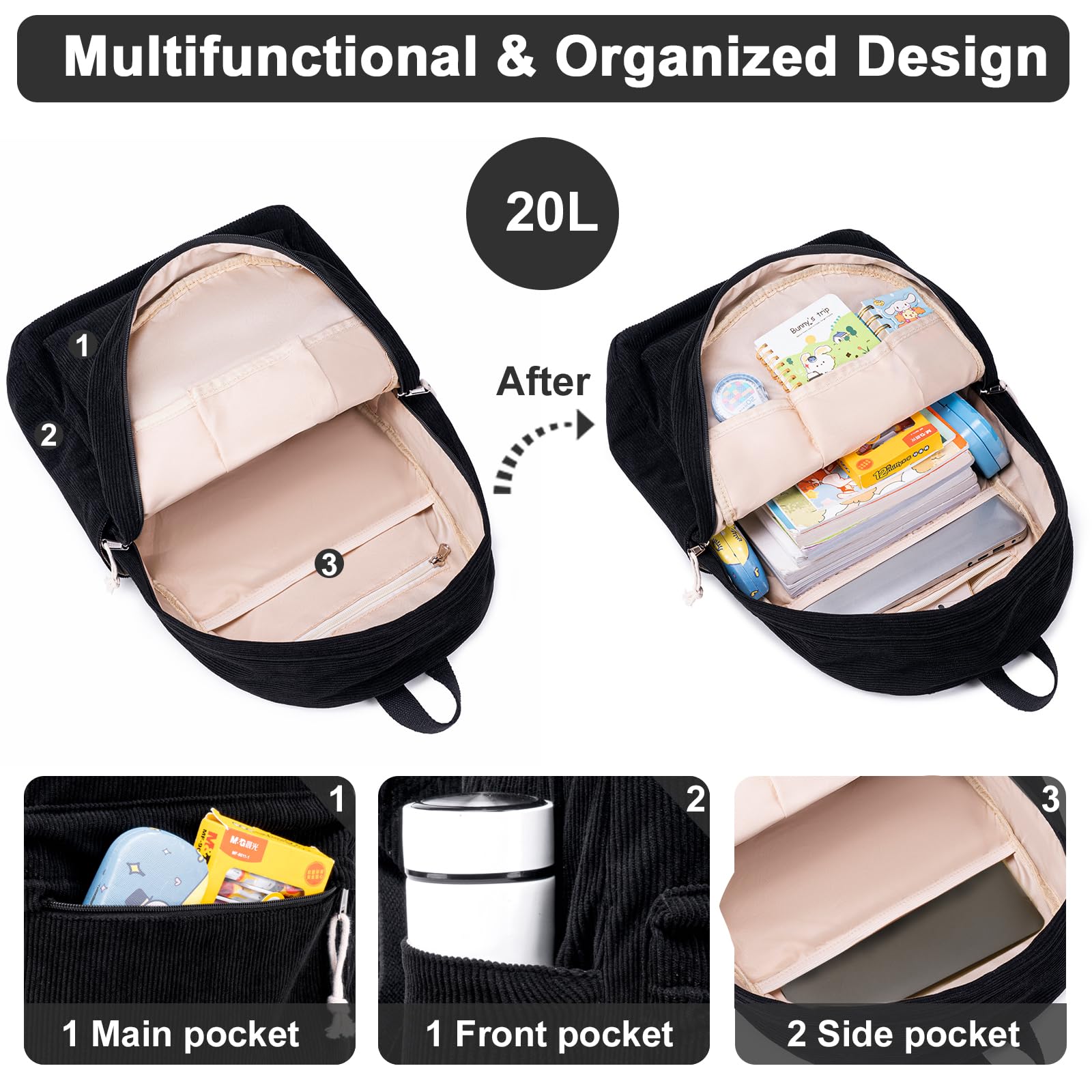Foto 5 pulgar | Mochila Escolar Btoop De Pana Para Adolescentes Con Bolsa Para Portátil De 17 Pulgadas - Venta Internacional.