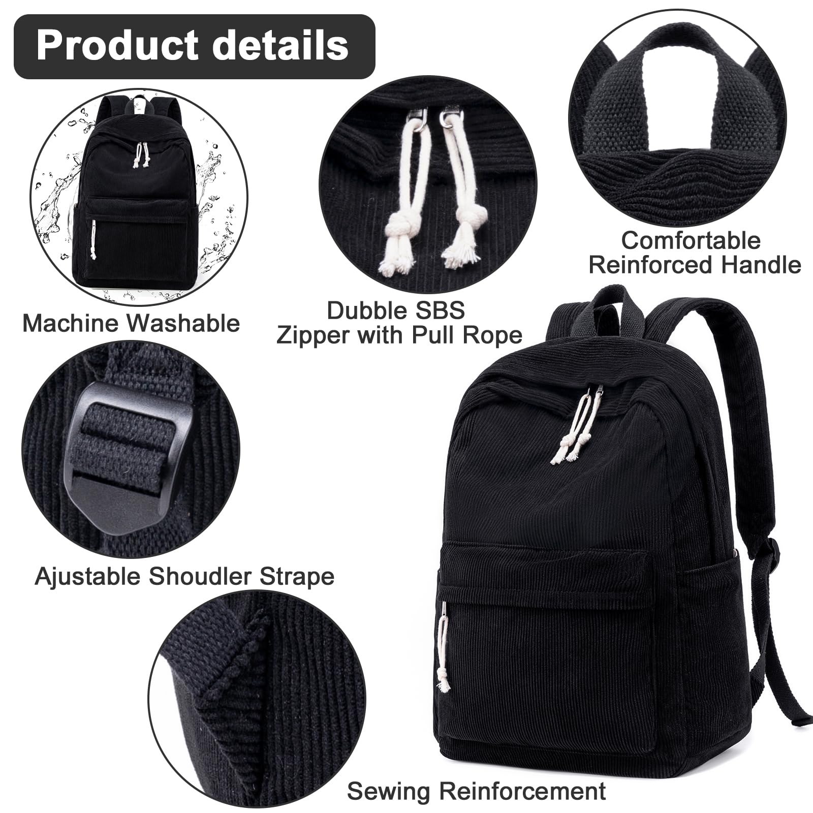 Foto 6 pulgar | Mochila Escolar Btoop De Pana Para Adolescentes Con Bolsa Para Portátil De 17 Pulgadas - Venta Internacional.