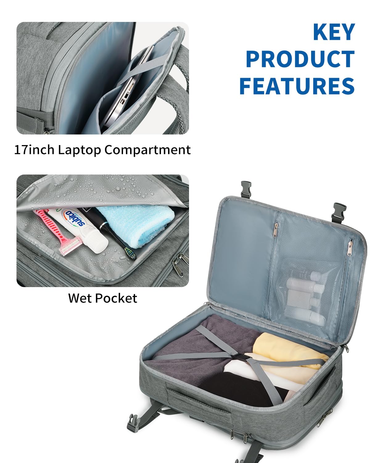 Foto 6 pulgar | Mochila Wandf Expandible Para Portátil De 17 Pulgadas, 32 L, Color Gris - Venta Internacional.