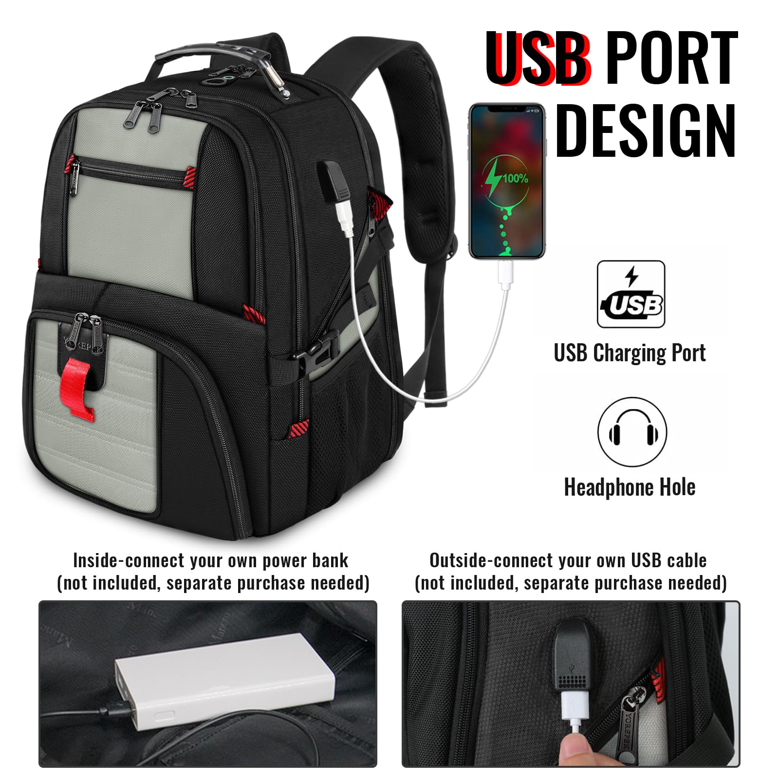 Foto 4 pulgar | Mochila Yorepek 18.4 Para Portátil Con Puerto De Carga Usb, Color Gris - Venta Internacional.