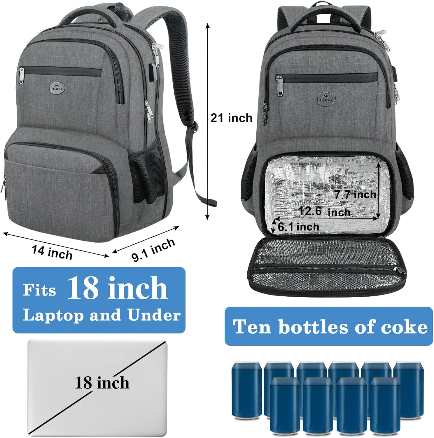 Foto 5 pulgar | Mochila Matein, Bolsa De Trabajo Para Portátil De 18 Pulgadas, Gris - Venta Internacional.