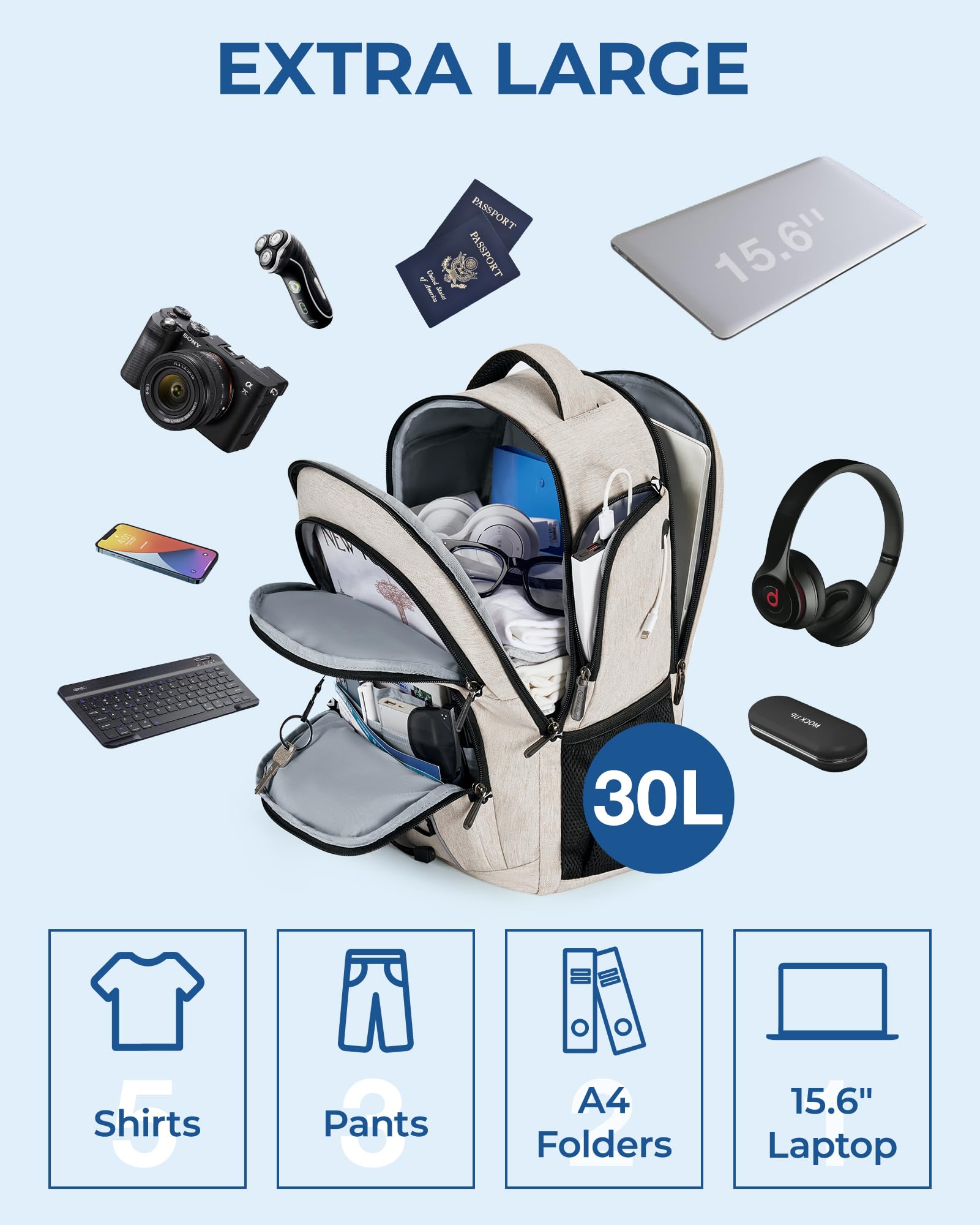 Foto 3 pulgar | Mochila Para Portátil Bagsmart Travel Con Cargador Usb De 15,6 Pulgadas, Color Beige - Venta Internacional.