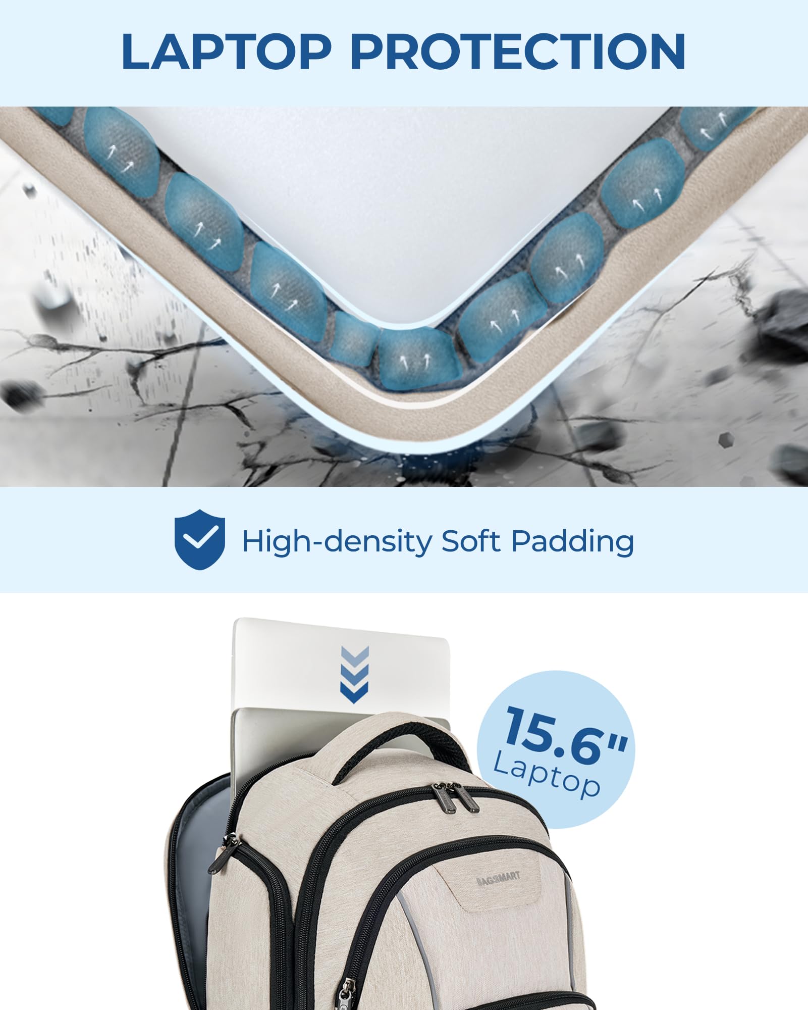 Foto 4 pulgar | Mochila Para Portátil Bagsmart Travel Con Cargador Usb De 15,6 Pulgadas, Color Beige - Venta Internacional.