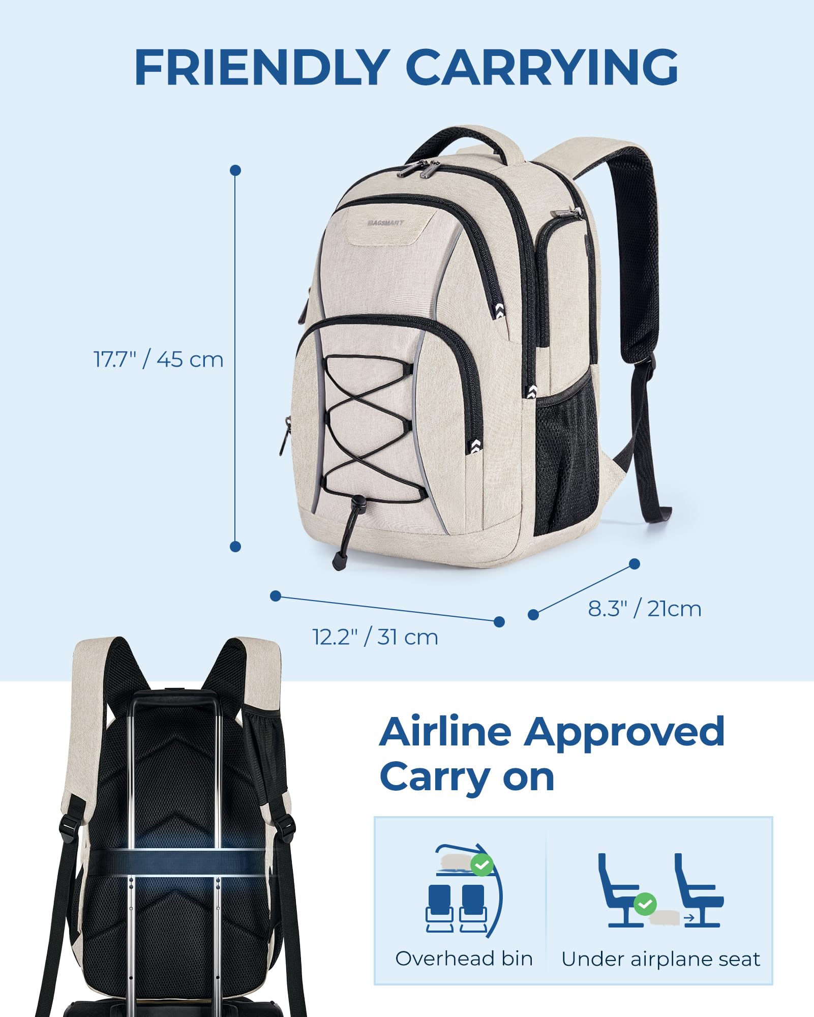 Foto 5 pulgar | Mochila Para Portátil Bagsmart Travel Con Cargador Usb De 15,6 Pulgadas, Color Beige - Venta Internacional.
