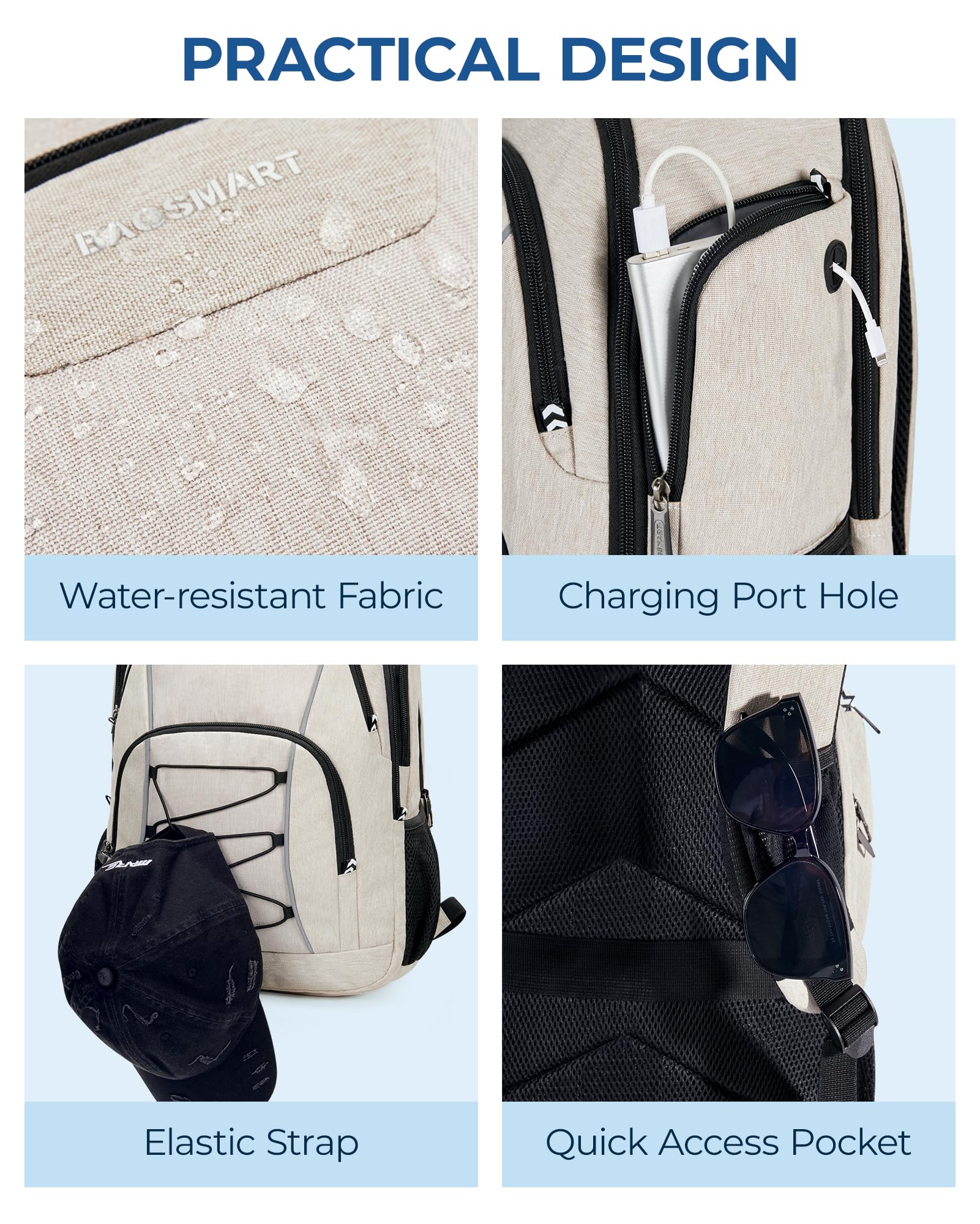 Foto 8 pulgar | Mochila Para Portátil Bagsmart Travel Con Cargador Usb De 15,6 Pulgadas, Color Beige - Venta Internacional.