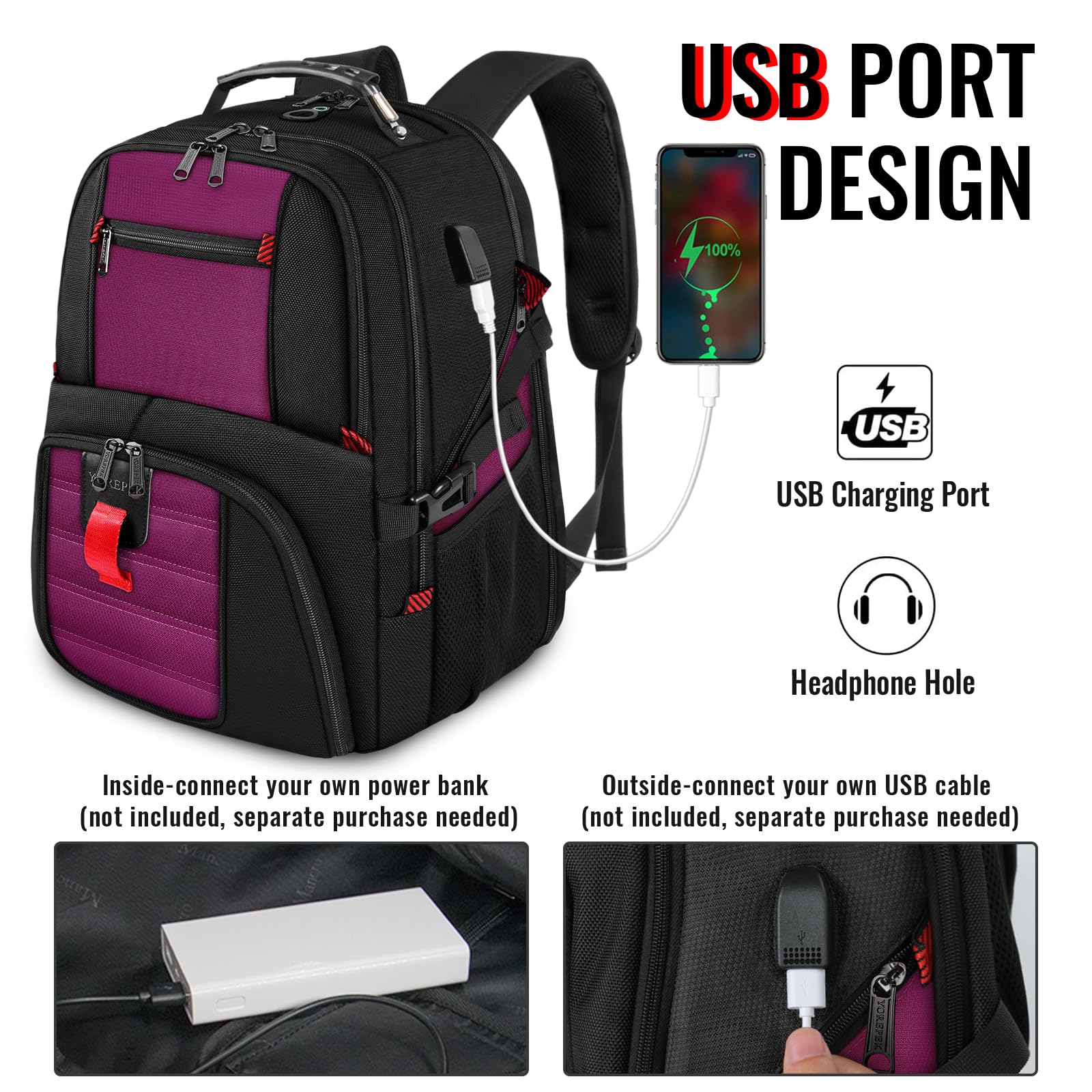 Foto 4 pulgar | Mochila Para Portátil Yorepek 18.4 Con Puerto De Carga Usb, Color Morado - Venta Internacional.