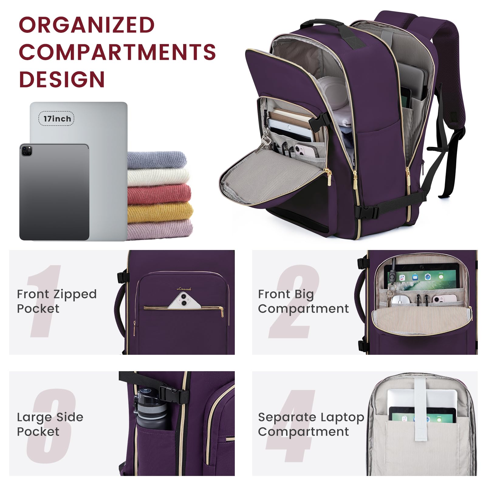 Foto 3 pulgar | Mochila De Viaje Lovevook 40l Para Ordenador Portátil De 17 Pulgadas Para Mujer Y Hombre, Color Morado - Venta Int